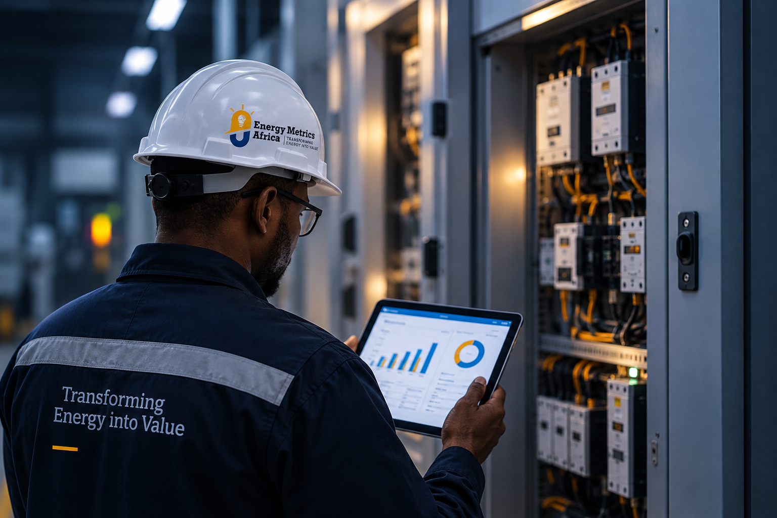 An Energy Metrics Africa engineer inspecting an electrical panel while reviewing live load data on a tablet